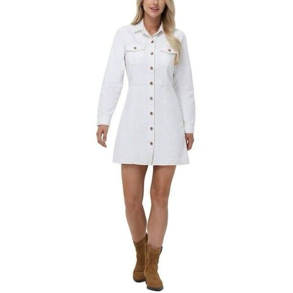 Frye Denim Mini Dress Size L Button Front Dual Chest Pockets Bone NEW - Picture 2 of 8